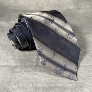 Orvieto Vintage Paisley Striped Black, Blue, Silver Silk‎ Tie Necktie